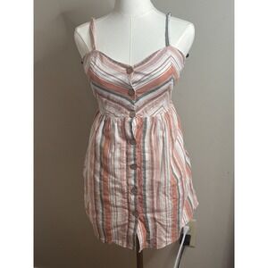 Forever 21 Women Striped Button Down Mini Dress Coral White Sage GreenSize Small